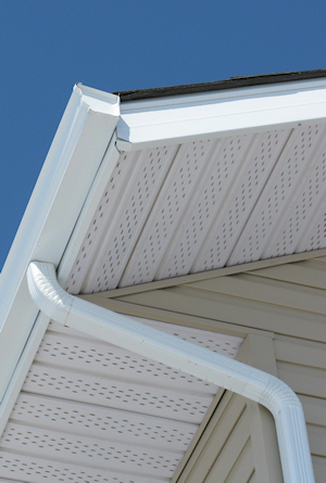 Close-up of professional vented soffit panels installed by Charleswood Roofing showing proper ventilation